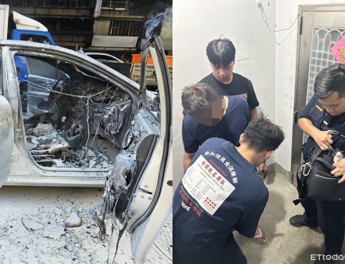 快訊／不爽汽車右切急停！騎士怒「丟鞭炮燒車」被逮捕　畫面曝光