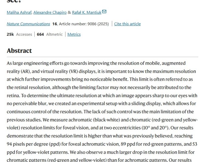 研究显示人眼最高可辨像素 94 ppd，多数情况下 8K 显示器的提升感知不强