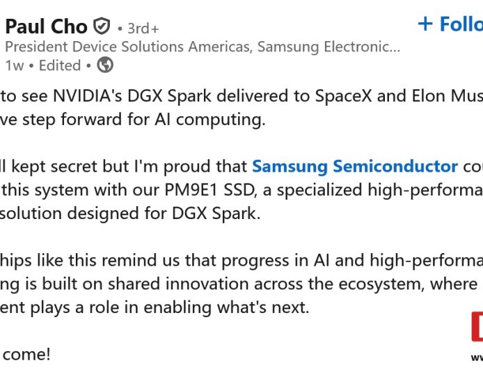 三星电子北美 DS 总裁：公司为英伟达 DGX Spark 供应 PM9E1 固态硬盘