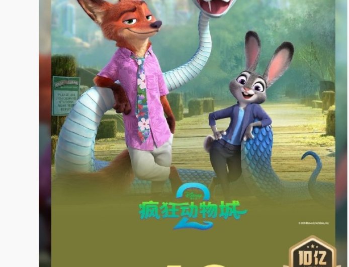 中国影史第 127 部，迪士尼动画新片《疯狂动物城 2》票房破 10 亿
