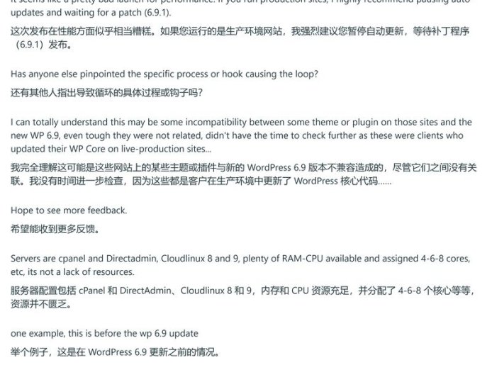 0.4 → 20 秒：部分站长反馈升级 WordPress 6.9 后网站变“龟速”
