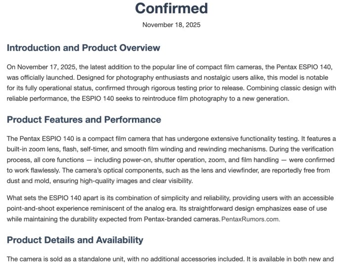 “胶片复兴”计划第二块拼图？消息称宾得即将推出复刻版 ESPIO 140 傻瓜相机