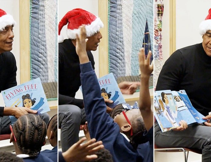 Obama surprises Chicago students in Santa hat for holiday library story time reading session