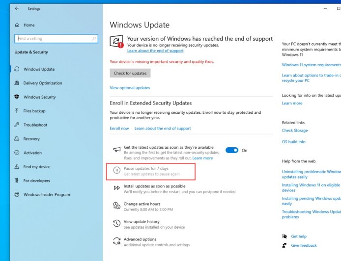 部分未加入 ESU 扩展计划的 Win10 用户反馈，“暂停更新 7 天”选项变灰
