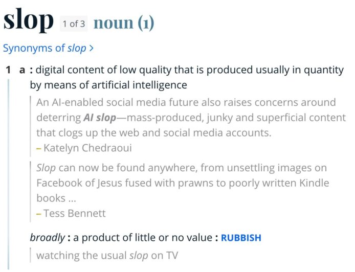 韦氏词典评选“slop”为年度词：AI 低质内容充斥互联网