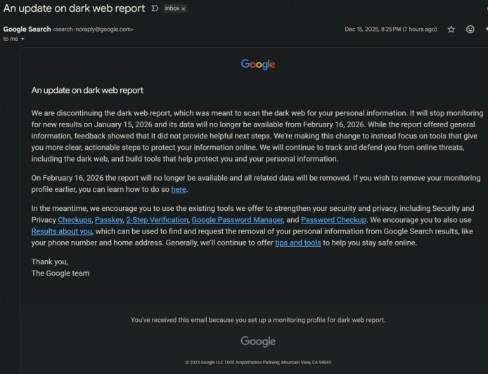 因“缺乏实效”，谷歌 2026 年 1 月起不再为你扫描暗网数据