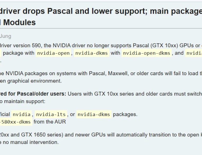Arch Linux 系统停止支持英伟达 GTX 10 系列显卡，用户需手动安装旧版驱动