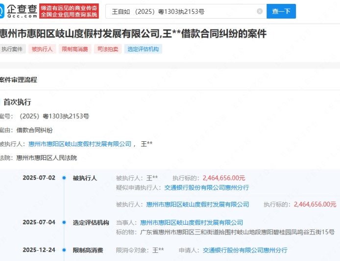 246万元案款未履行 王自如再被限制高消费