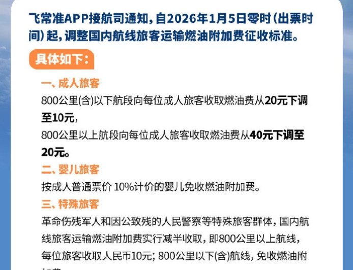 国内航线旅客燃油附加费元旦后下调