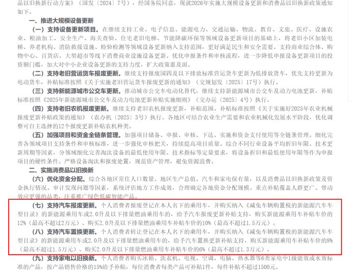 2026年国补支持汽车报废/置换更新：最高补贴车价12% 上限2万元