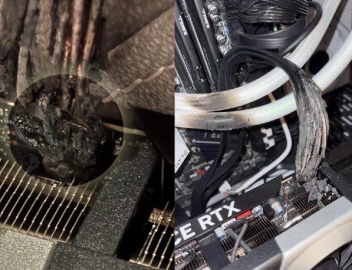 RTX5090原装电源线起火面目全非 CPU水冷管遭波及