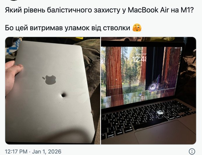 乌克兰前线士兵曝照：遭炮弹弹片击穿的 MacBook Air 仍能开机工作