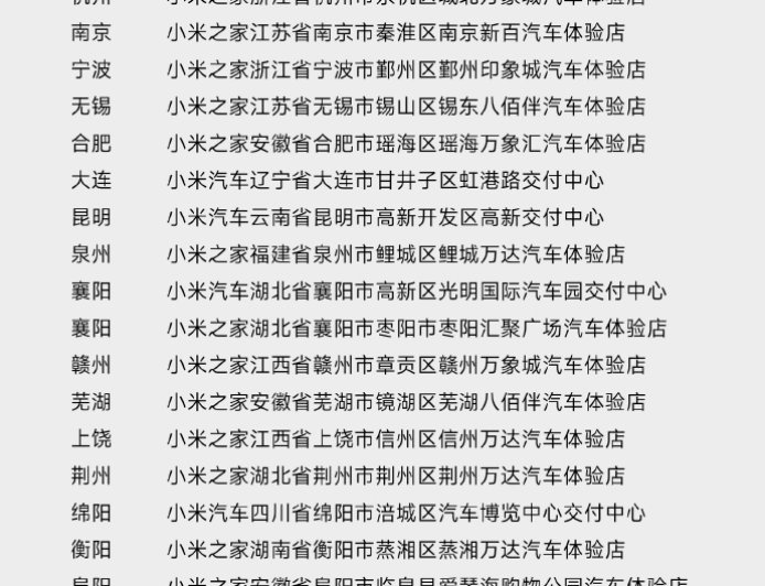 小米汽车 12 月新增 36 家门店，全国 138 城已有 477 家门店