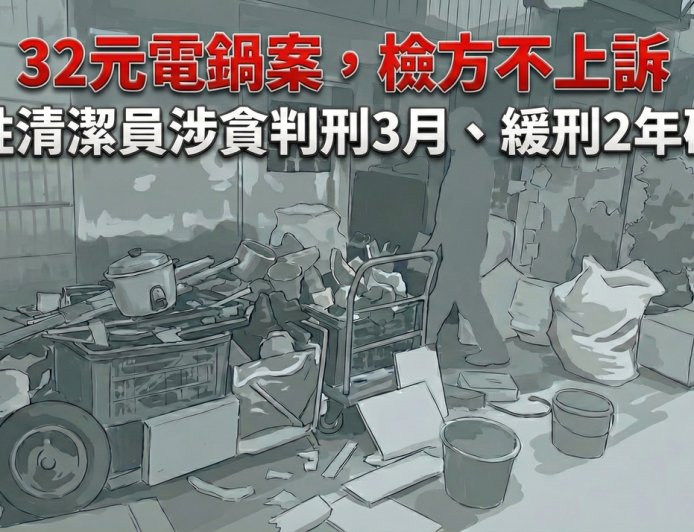 快訊／回收32元電鍋送拾荒婦　檢方、清潔員不上訴...一審判刑確定