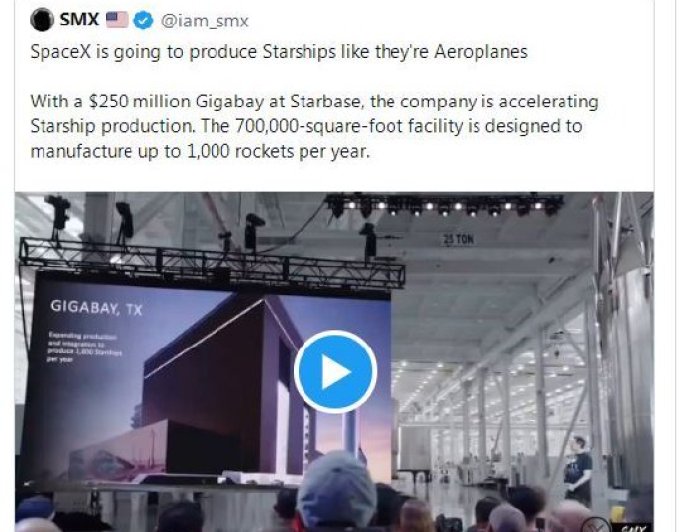 马斯克称终极目标是每年生产1万艘星舰飞船