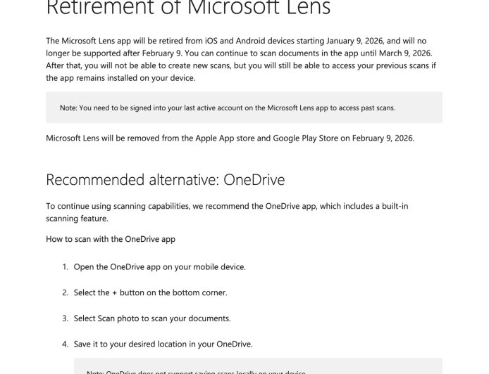 微软确认文档扫描应用 Microsoft Lens 寿终正寝，2 月 9 日后告别应用商店
