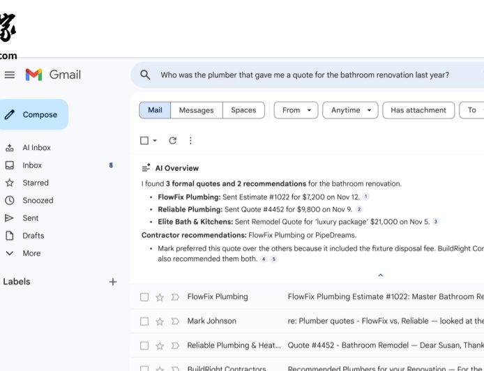 谷歌将 Gemini AI 助理引入 Gmail，可提供对话摘要、问答等功能