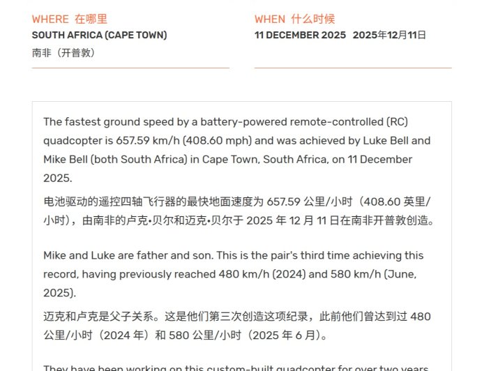 657.59 km/h！父子档自制 3D 打印无人机，刷新全球最速电池供电遥控四轴无人机纪录