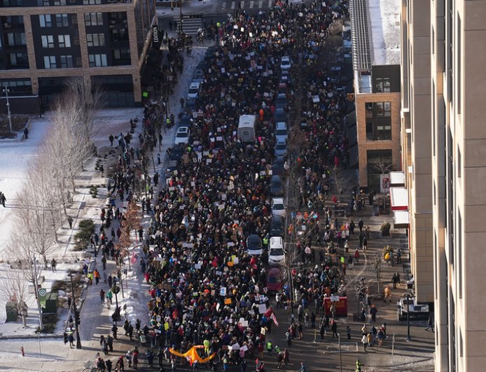 Thousands march through Minneapolis, swarm Target Center demanding ICE removal from Minnesota