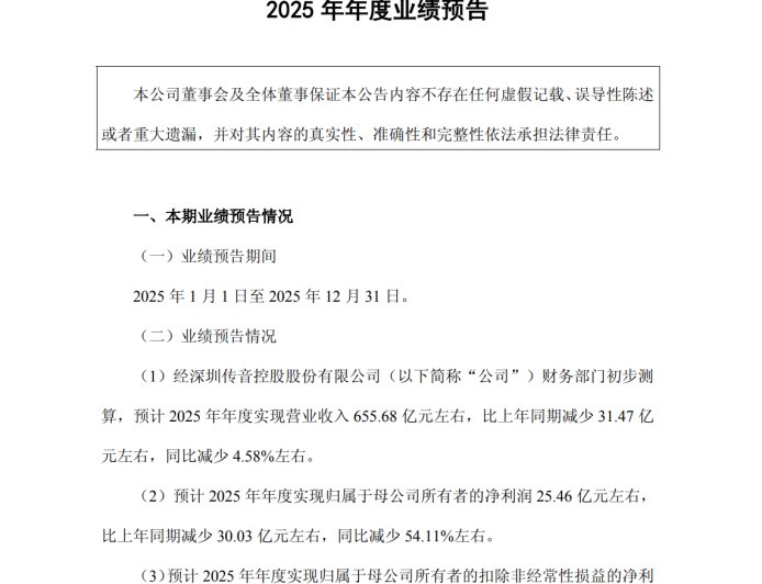 传音：受存储等涨价影响 预计2025净利润减少54.11%