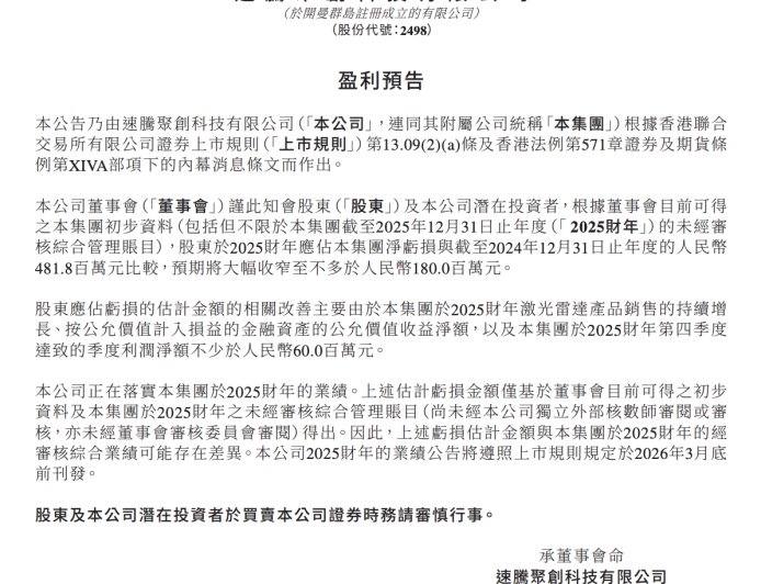 激光雷达厂商速腾聚创预告首次单季度盈利：预计不少于 6000 万元