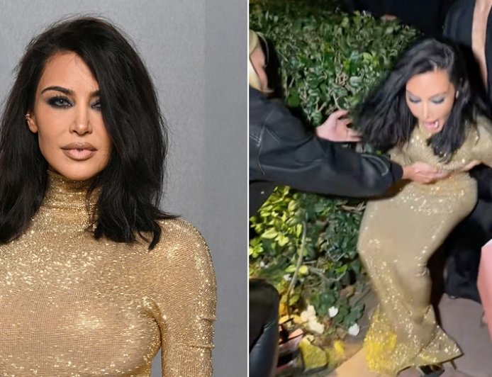 Kim Kardashian’s gold Gucci gown moment turns chaotic after stumble into bush