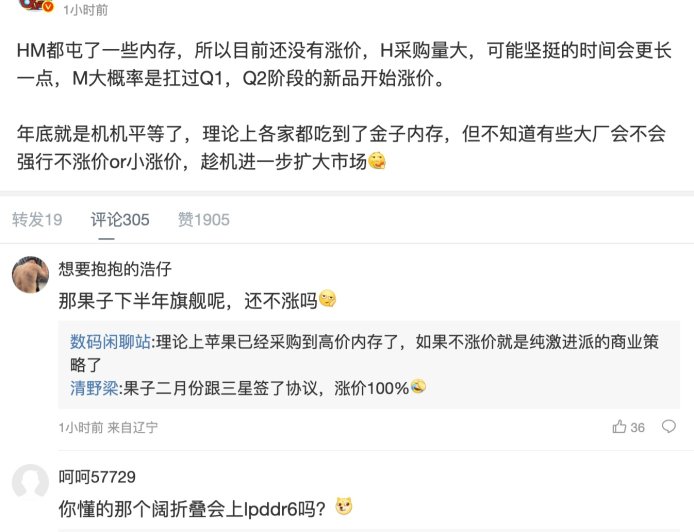 消息称“HM”厂商已储备一定内存因此暂未涨价，预计为华为、小米