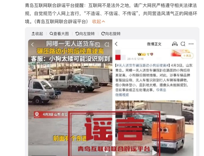 交警辟谣“青岛无人车碾压路边小狗后驶离”