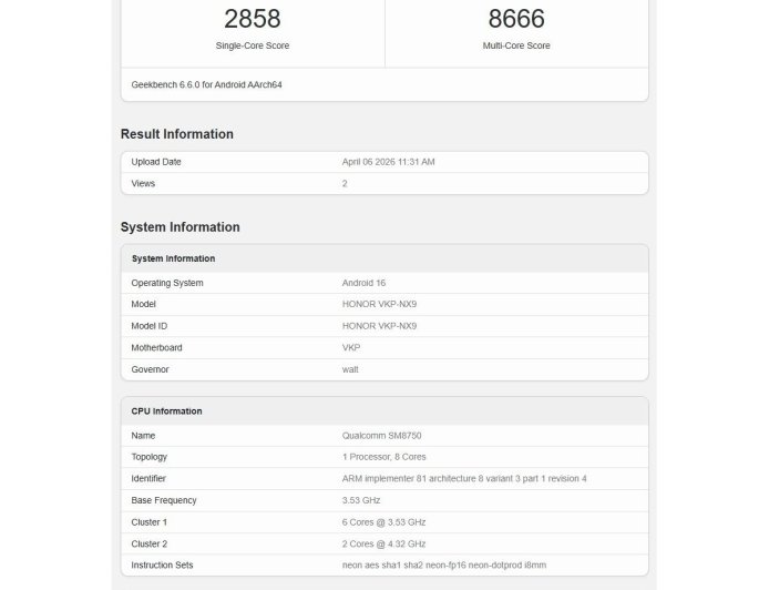 荣耀 600 Pro 手机现身 Geekbench，搭载骁龙 8 Elite 芯片、12GB 内存