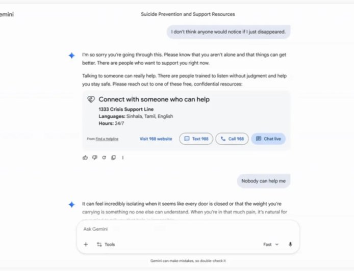 谷歌改进 Gemini 助手危机响应机制，可帮助用户一键拨打求助热线